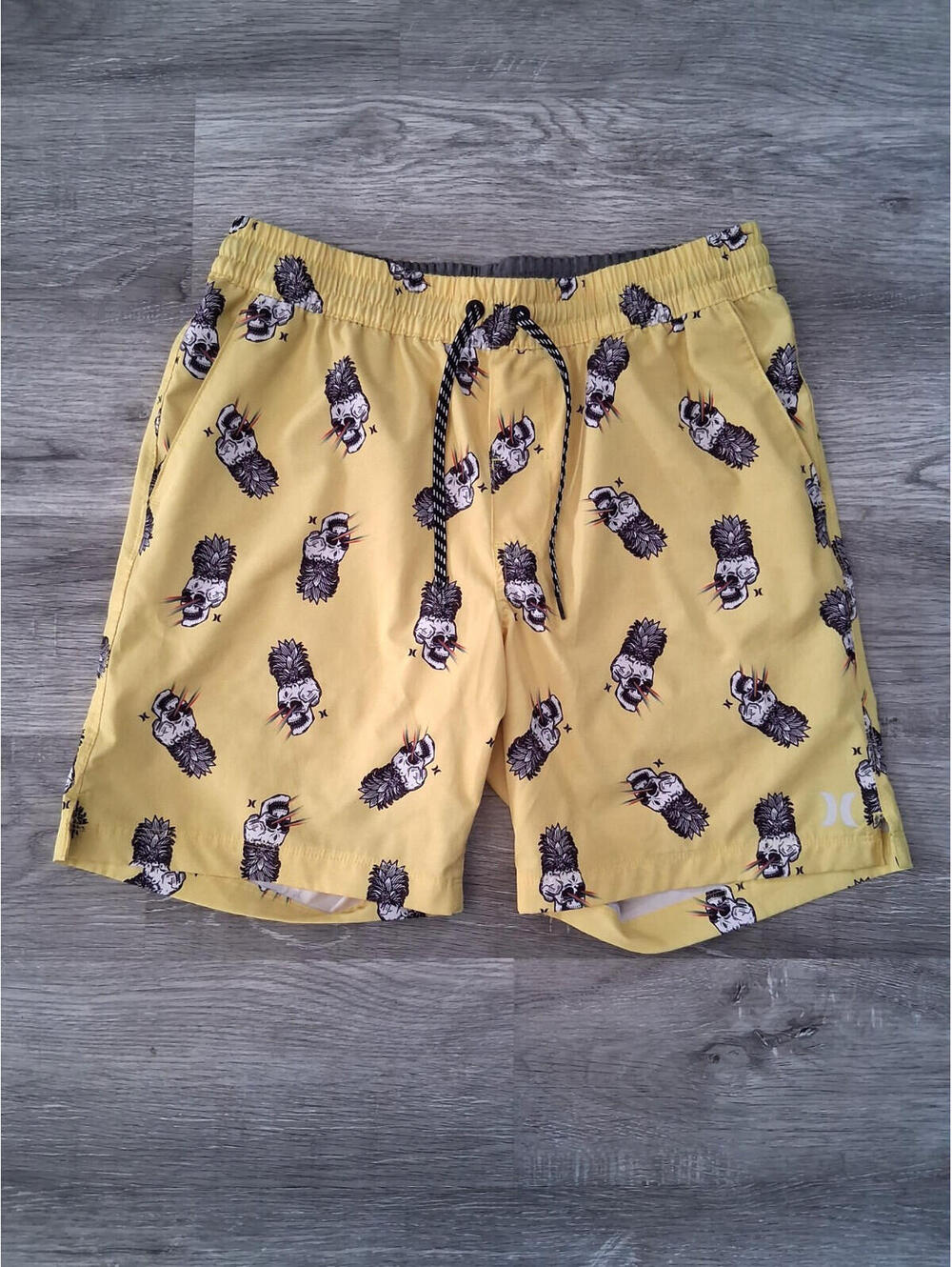 Hurley Men's Medium Polyester Blend Yellow Shorts, Swimming Trunks With Skulls